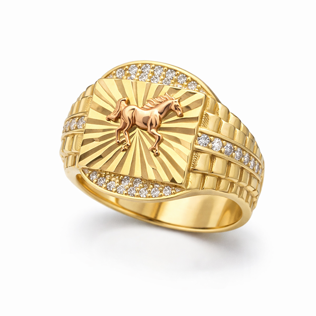14KT TWO-TONE QUADRICULAR RING WITH DETAIL OF A HORSE Size 10 Weight 5.4GR
