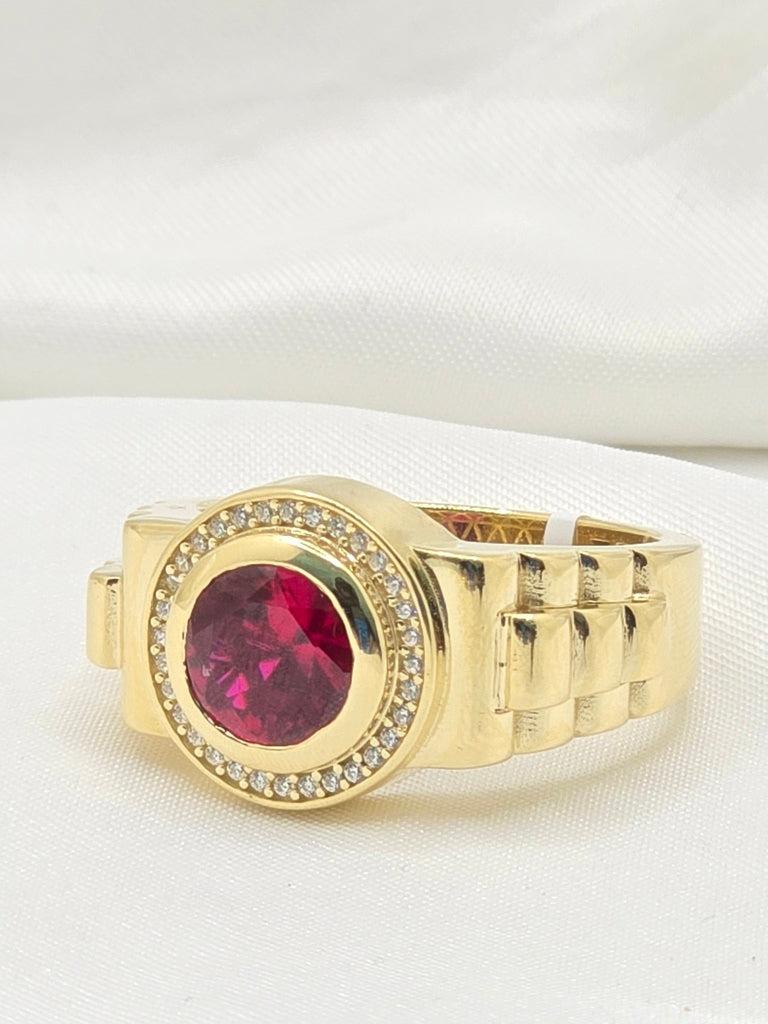 14KT CIRCULAR RING WITH RED STONE AND CZ DETAILS Size 12 Weight 10.4GR
