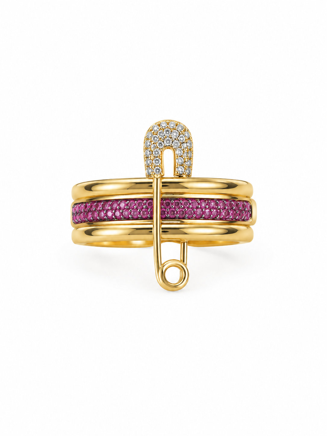 14KT MODERN PINK CZ THREE IN ONE RING WITH PIN Size 7 Weigth 4.4GR