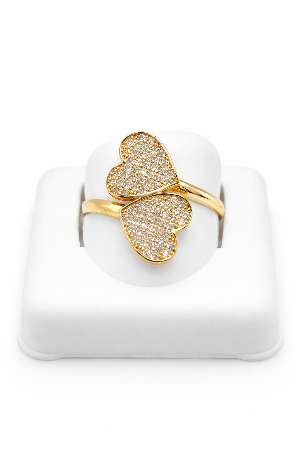 14KT EXOTIC RING WITH TWO LARGE HEARTS FULL OF CZ SIZE 8 Weight 2.6GR