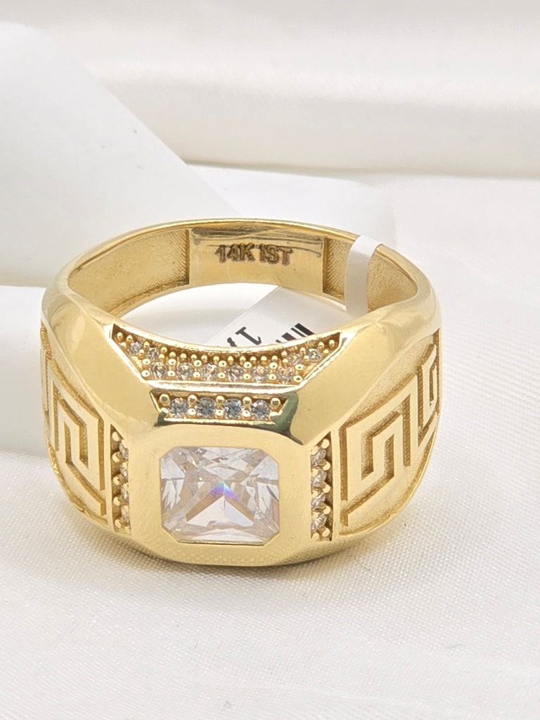 14KT SOLID GREEK DESIGN SQUARE WHITE STONE MAN'S RING Size 12.5 Weight 10.5GR