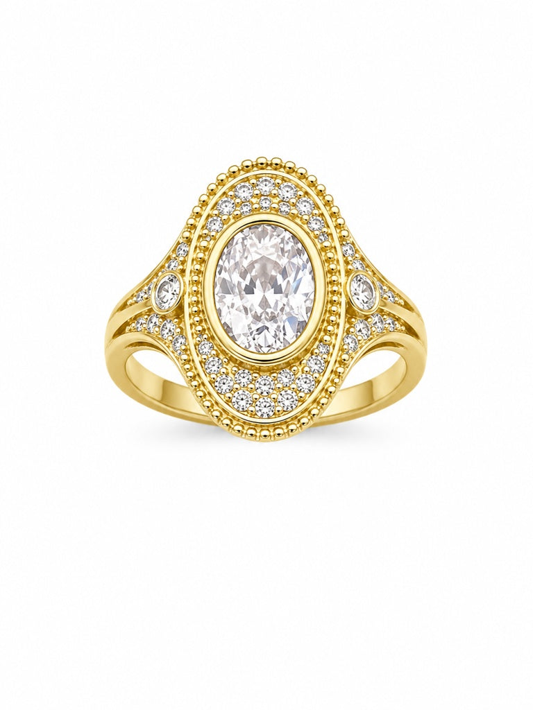 14KT CZ OVAL DESIGN WHITE STONE CENTER ELEGANT RING Size 8 Weigth 4.6GR