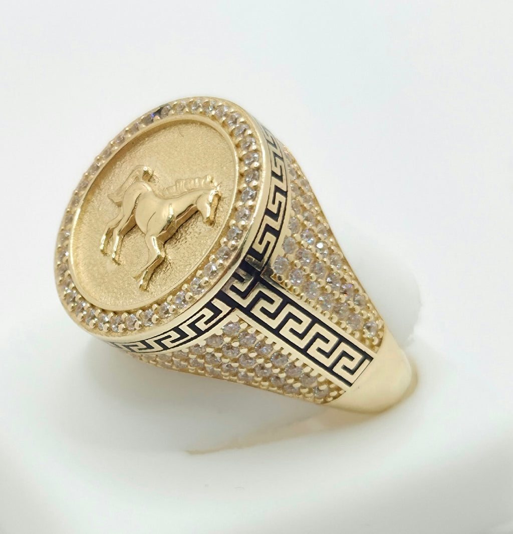 14KT CZ HORSE GREEK DETAIL RING Size 11 Weight 9.1GR