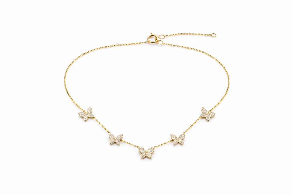 14KT YELLOW GOLD NATURAL DIAMOND 1.15CT FIVE  BUTTERFLYS NECKLACE  18IN 6.57GRS
