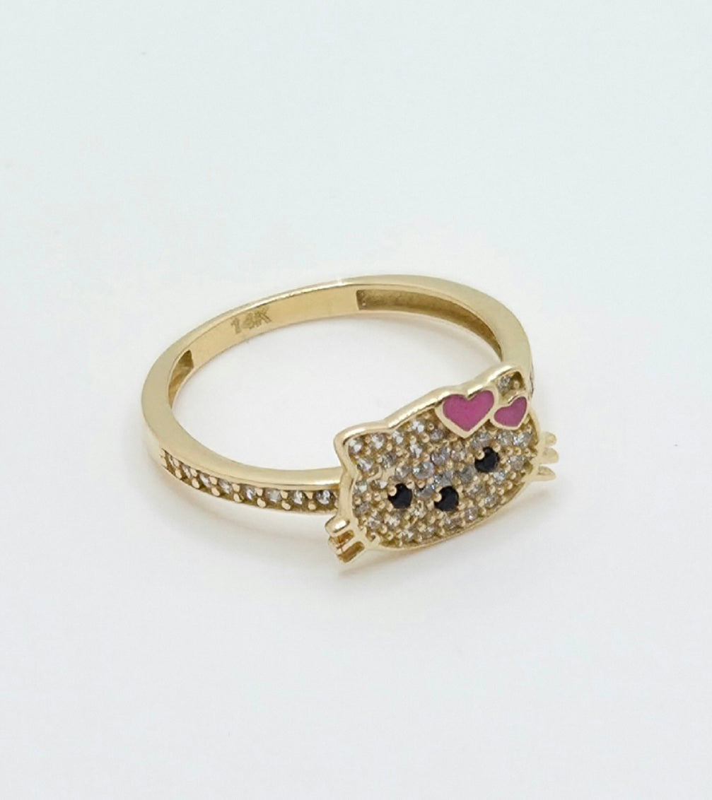 14KT DELICATE CZ HELLO KATTY FACE RING Size 7 Weight 2GR