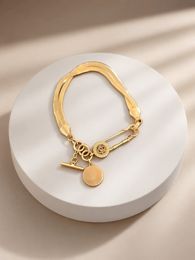 14KT SPECIAL OFFER MODERN FLAT DESIGN WITH DANGLING DETAILS BRACELET Size 7INCH  Weigth 12.5GR