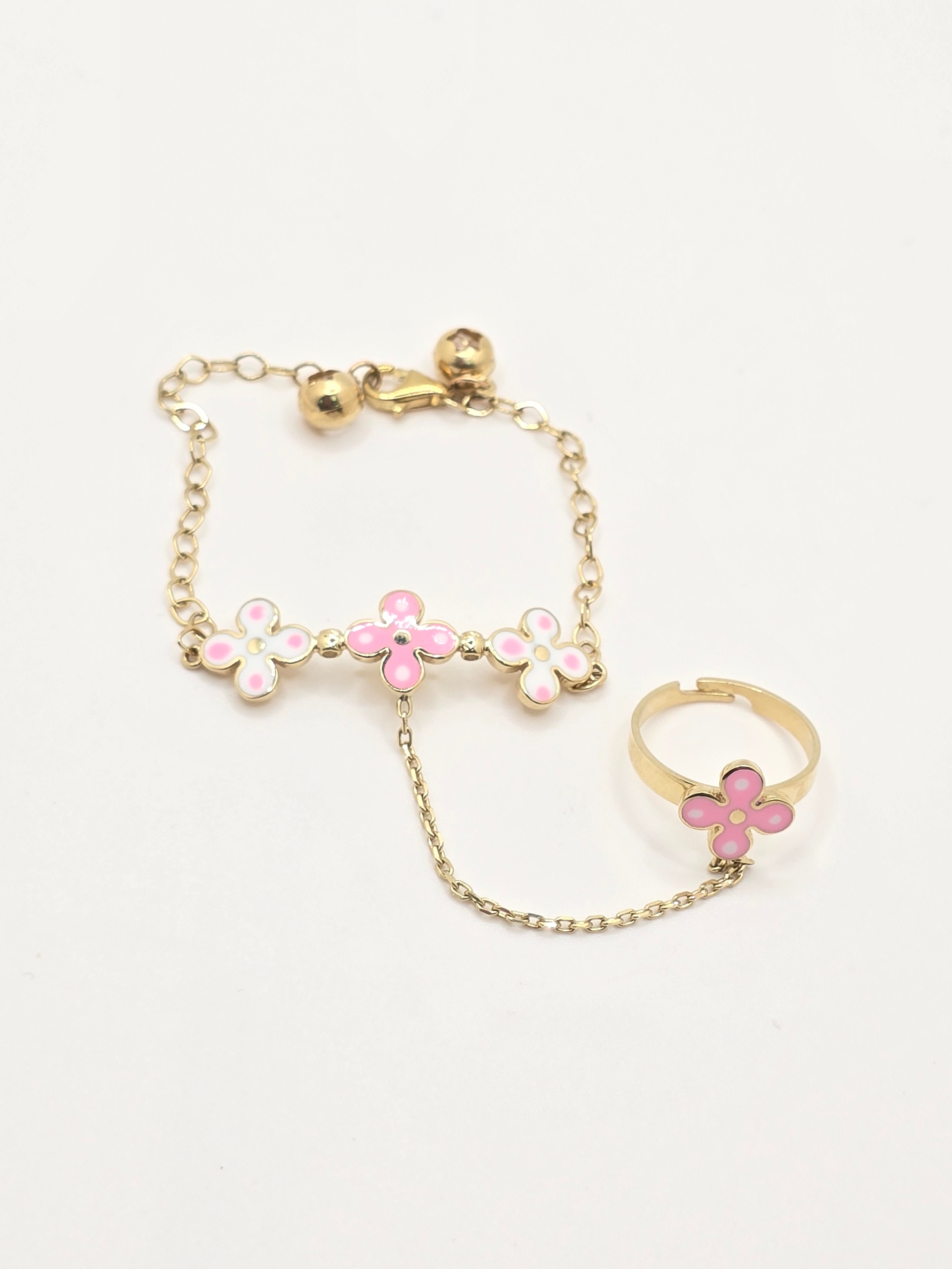 10KT FLOWER BABY BRACELET WITH FLOWER RING Size 5INCH Weight 4.5GR