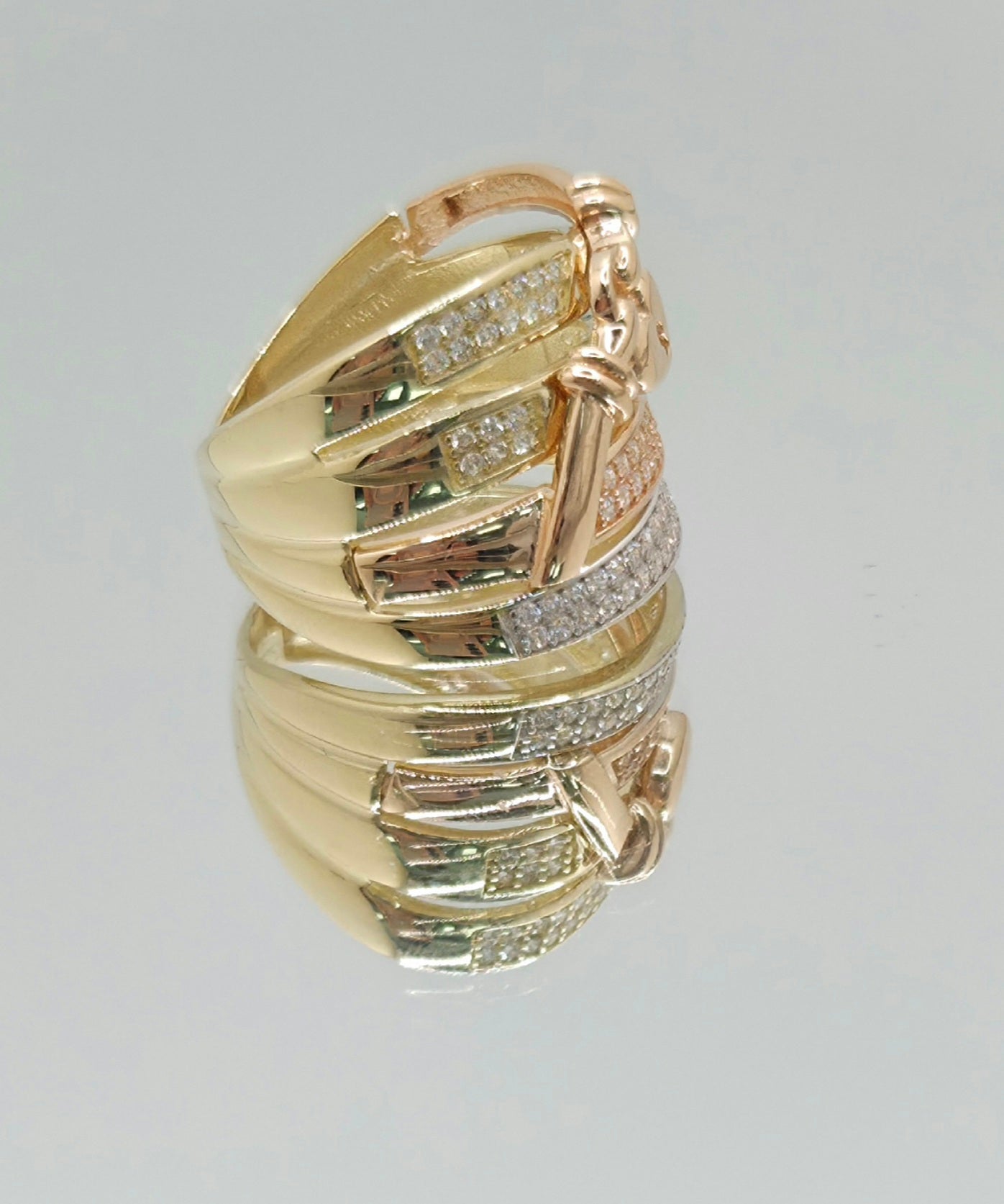 14KT MODERN THREE TONE HEART BELT BUCKLE RING Size 6.5 & 7 Weight 5.4GR