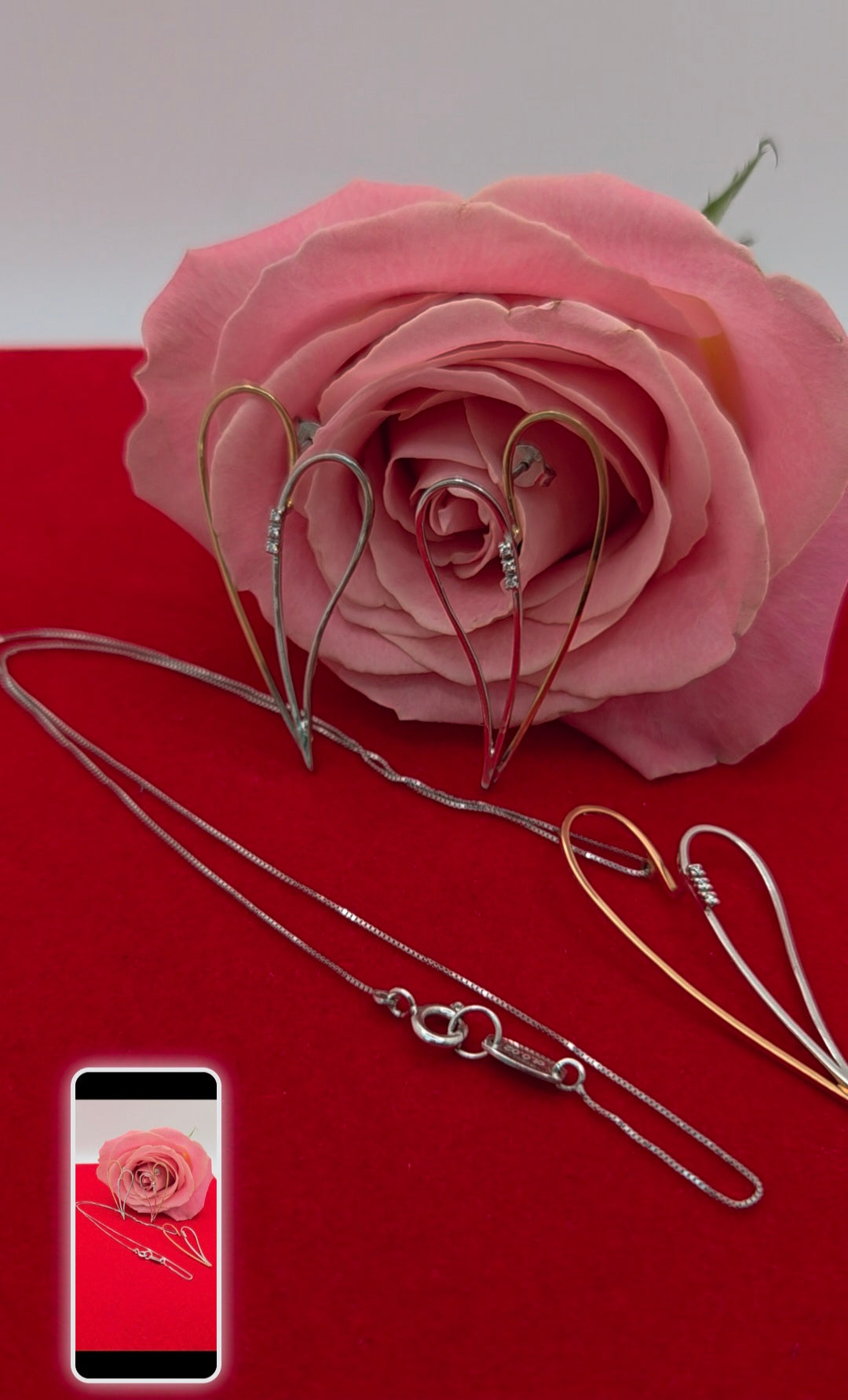 18KT TWO TONE DIAMOND HEART SET CHAIN AND EARRINGS Size 18INCH Weight 8.2GR