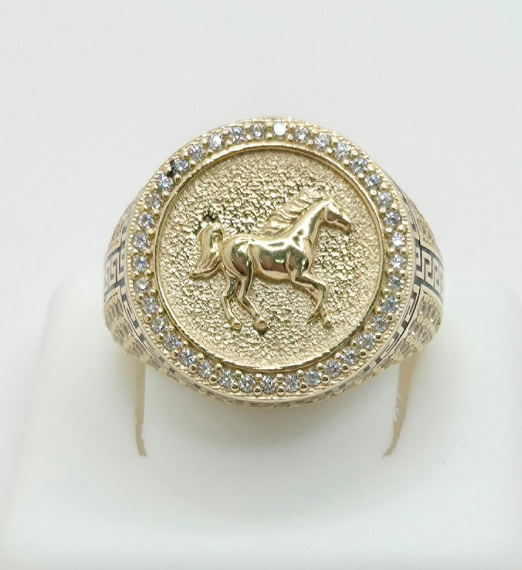 14KT CZ HORSE GREEK DETAIL RING Size 11 Weight 9.1GR