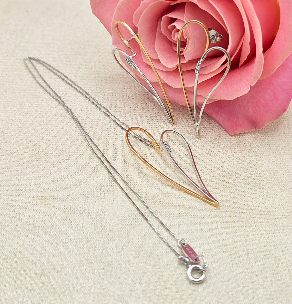 18KT TWO TONE DIAMOND HEART SET CHAIN AND EARRINGS Size 18INCH Weight 8.2GR
