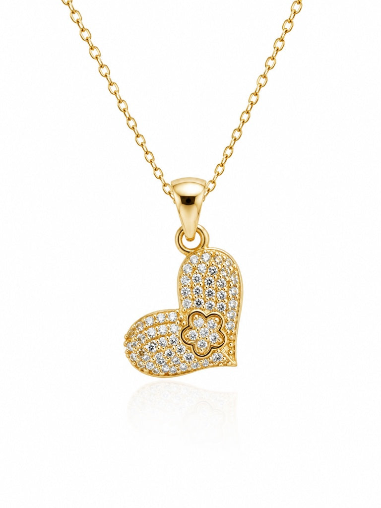 10KT CZ SMALL FLOWER INSIDE DETAIL HEART PENDANT Size SMALL Weigth 1.3GR
