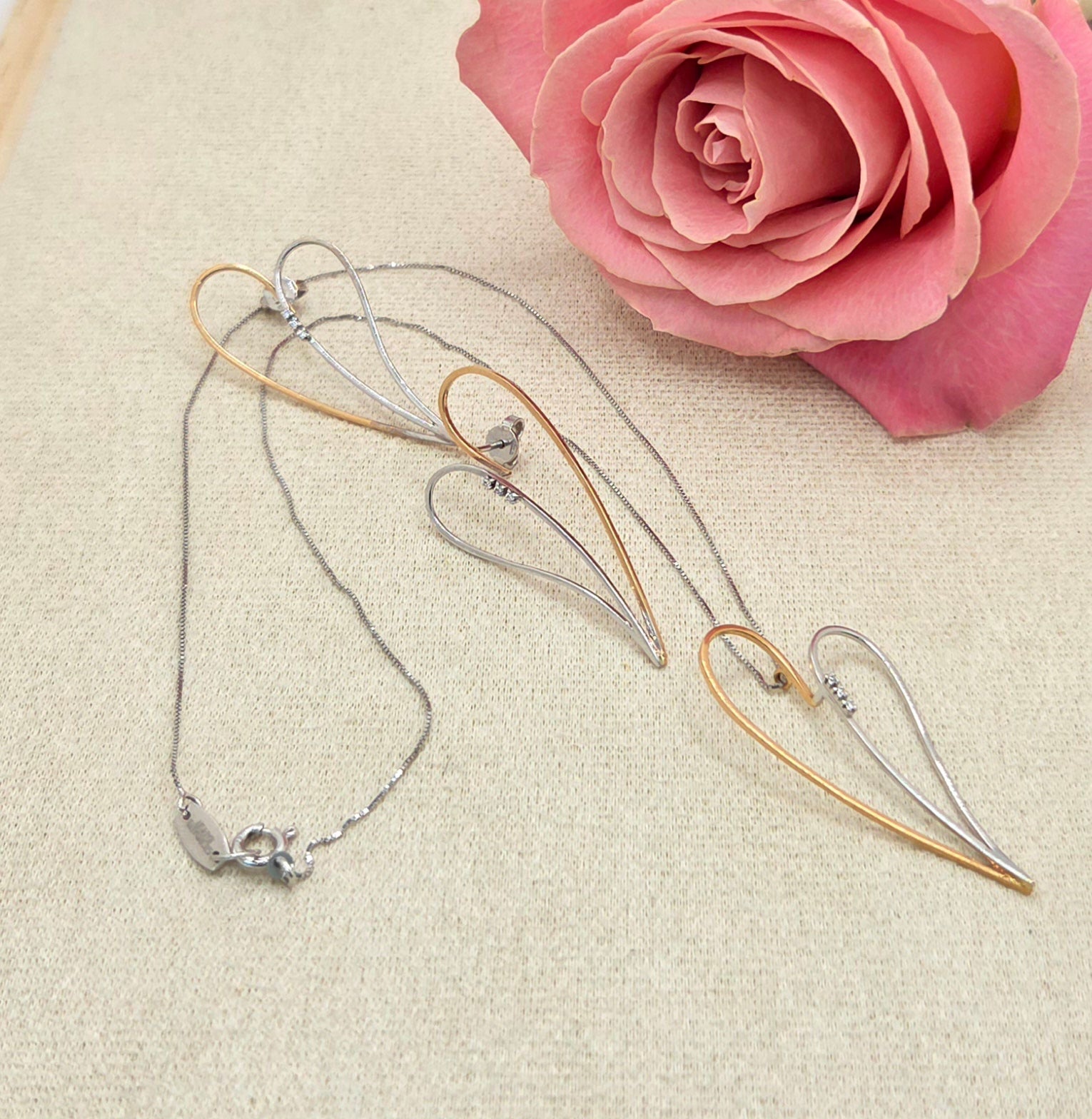 18KT TWO TONE DIAMOND HEART SET CHAIN AND EARRINGS Size 18INCH Weight 8.2GR