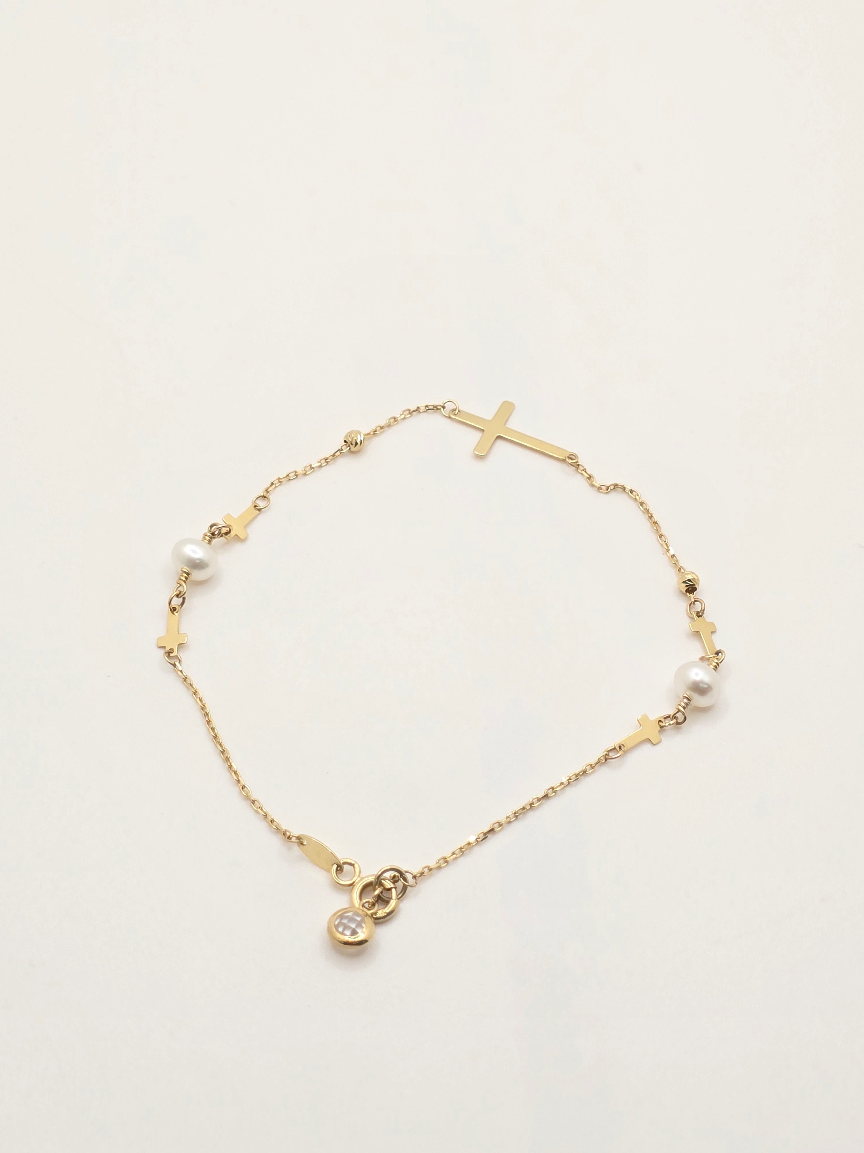 14KT CROSS AND WHITE PEARL BRACELET Size 8INCH Weight 1.7GR
