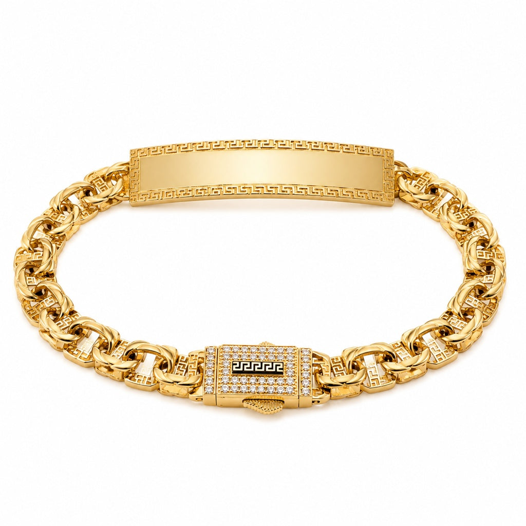 14K GREEK DESIGN 11 MM PLATE HOLLOW CHINO BAR BRACELET Size 7MM 8.25IN