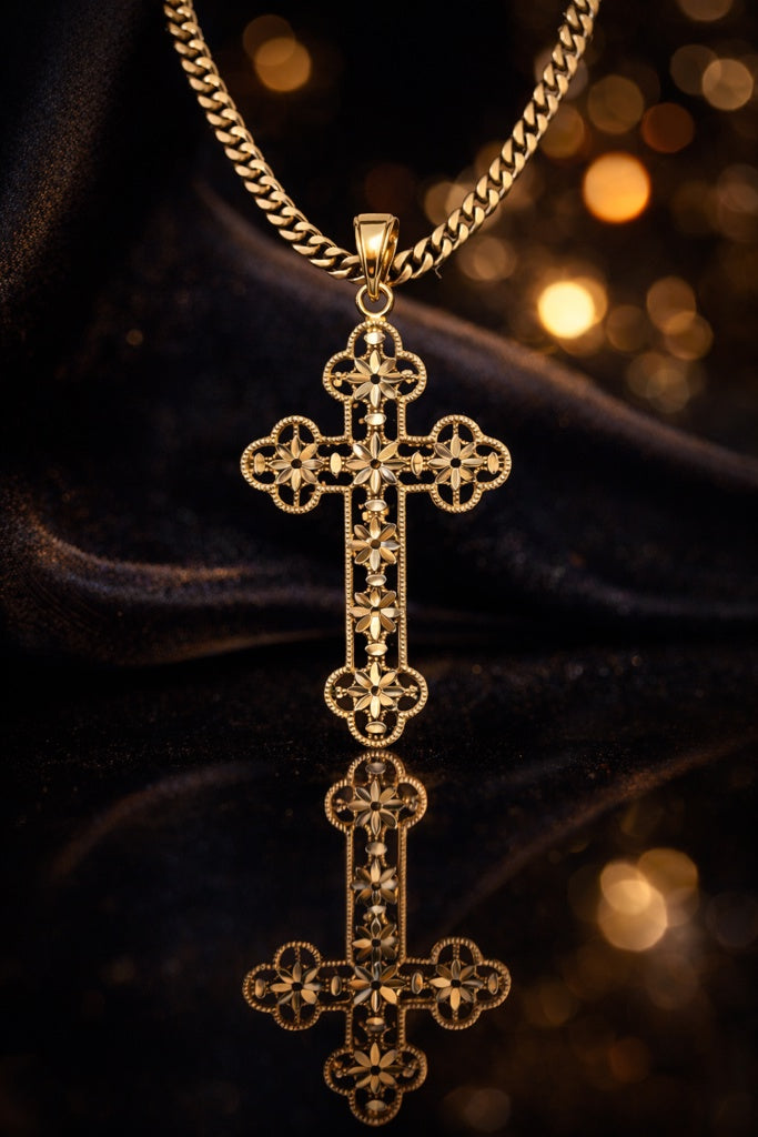 14KT MODERN DIAMOND CUT DETAIL ROMAN CROSS PENDANT Weight 1.7GR