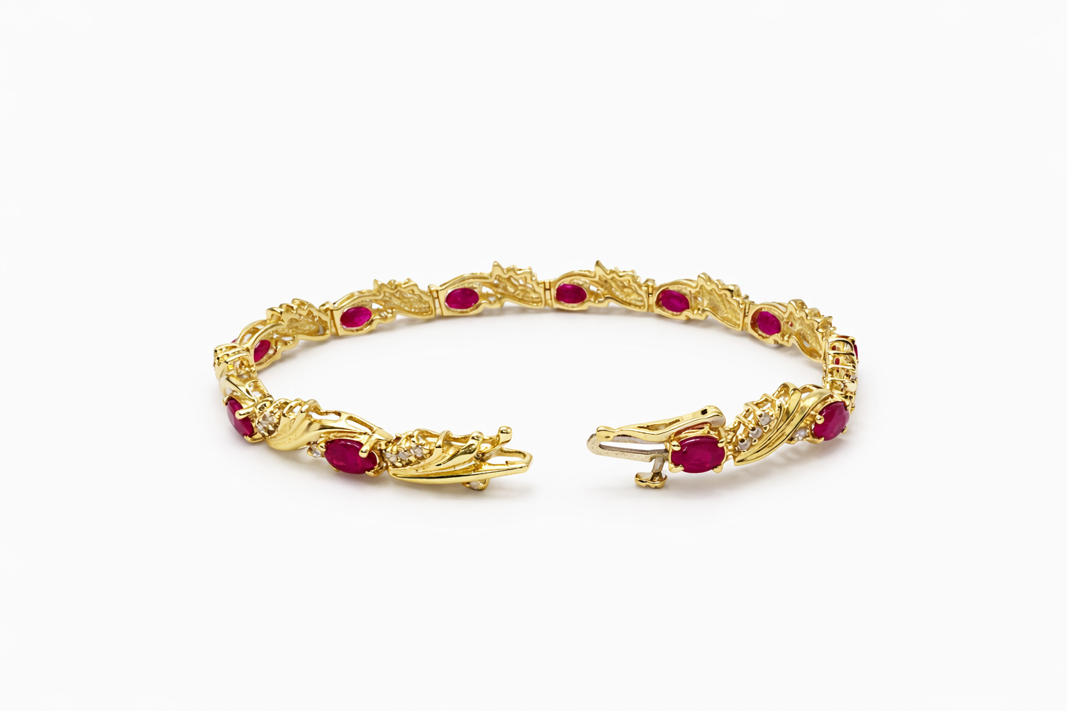 14KT YELLOW GOLD NATURAL DIAMONDS AND RUBY BRACELET Size 7.5MM 7INCH Weight 14.8 GRS
