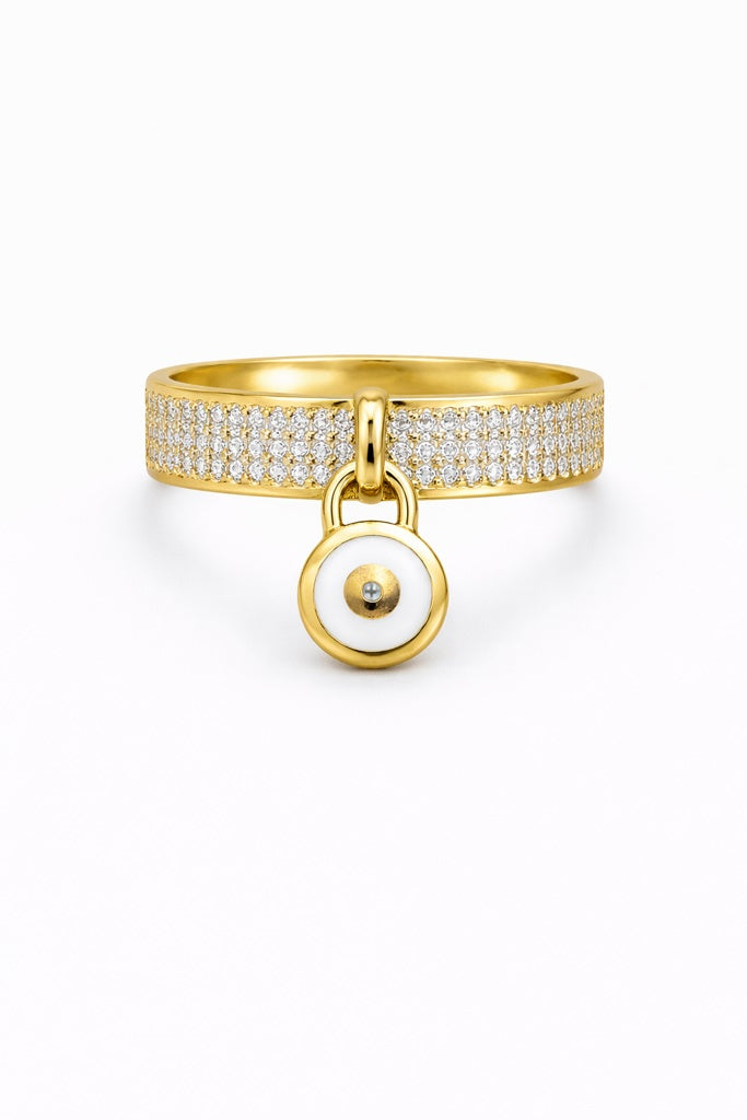 14KT CZ DETAIL WHITE EYE CHARM RING Size 7 Weight 3.7GR
