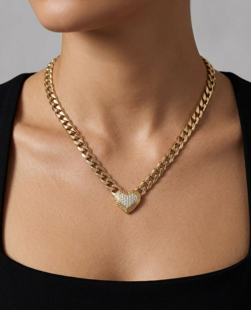 14KT MONACO STYLE GREEK FRAME HEART CHAIN Size 18INCH 6.5MM Weigth 18.7GR