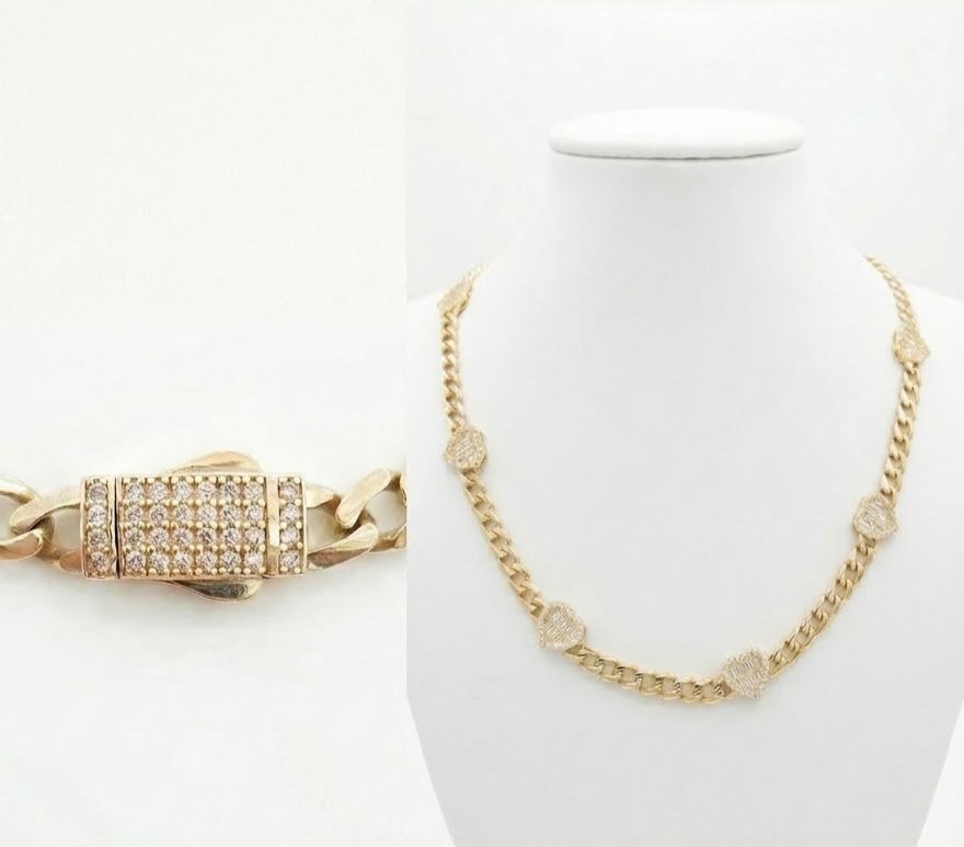10KT ELEGANT BAGUETTE HAERTS MONACO STYLE NECKLACE Size 18INCH 5MM Weigth 13.8GR