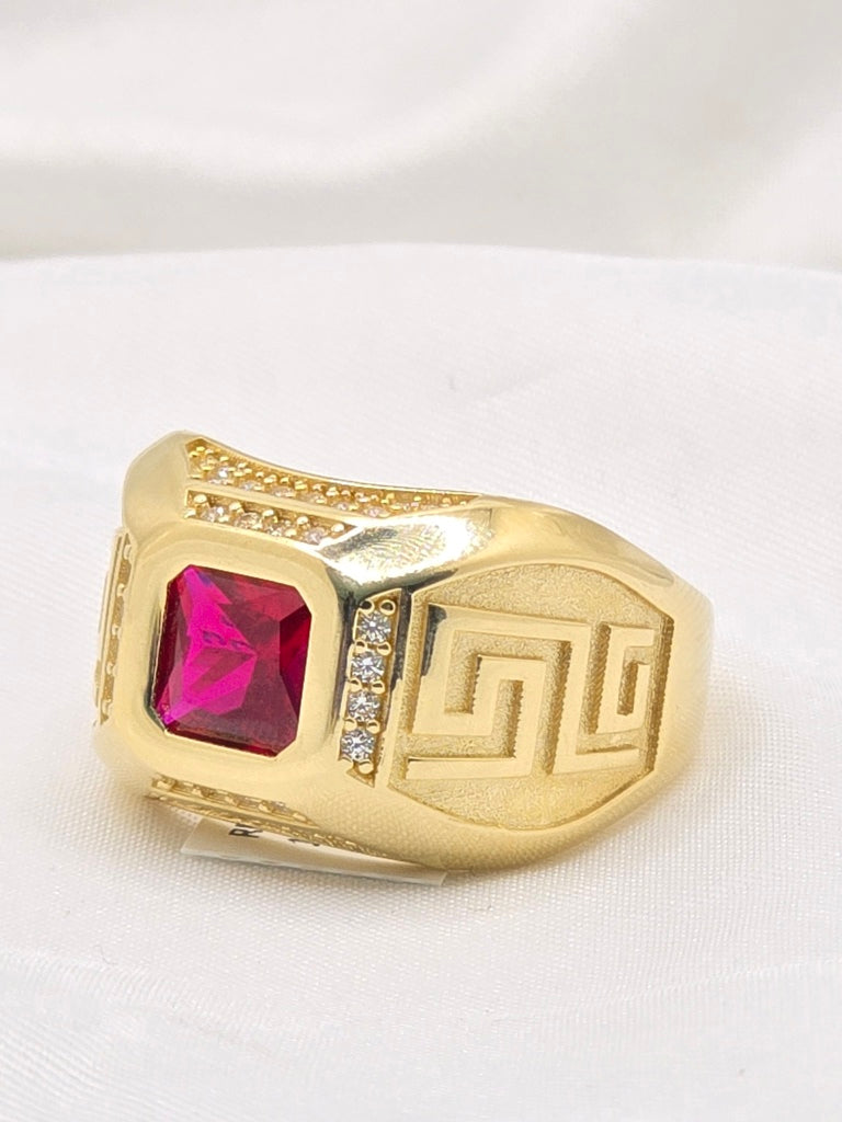 14KT SOLID GREEK DESIGN SQUARE RED STONE MAN'S RING Size 12 & 12.5 Weight 10.5GR