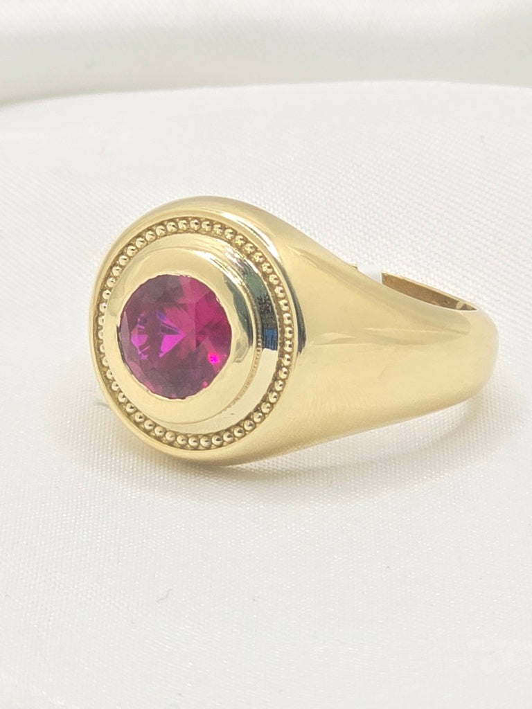 14KT ELEGANT ROUND PINK STONE MAN'S RING Size 11 & 12 Weight 6.4GR