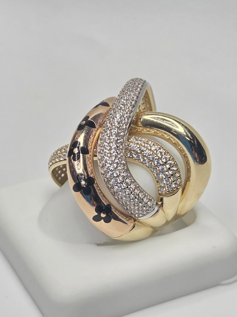 10KT EXOTIC YELLOW AND ROSE GOLD DETAIL LUXURY STYLE WOMAN'S RING Size 7 Weigth 12.1GR