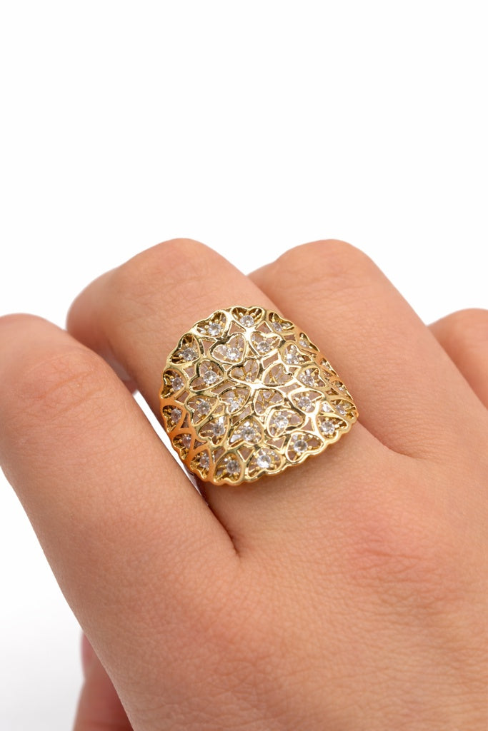 14KT LARGE MODERN MANY HEARTS CZ DETAIL RING Size 7 Weight 2.9GR