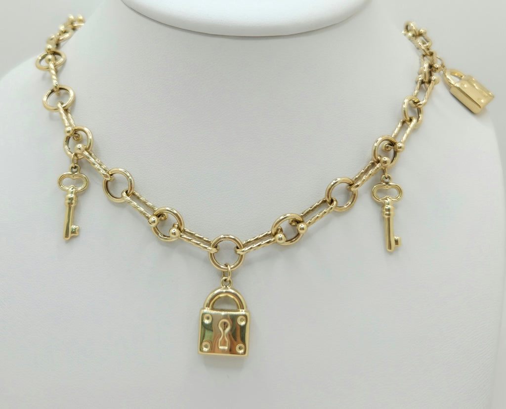 10KT PAPER CLIP CHAIN WITH KEYS AND PADLOCK CHARMS  Size 18INCH Weight 13.3GR