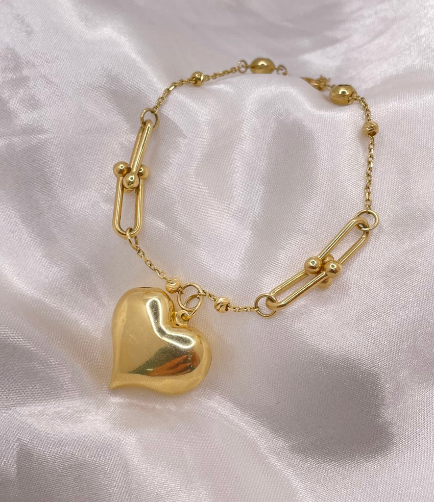 14KT PAPER CLIP HEART CHARM BRACELET Size 7INCH Weight 6.3GR