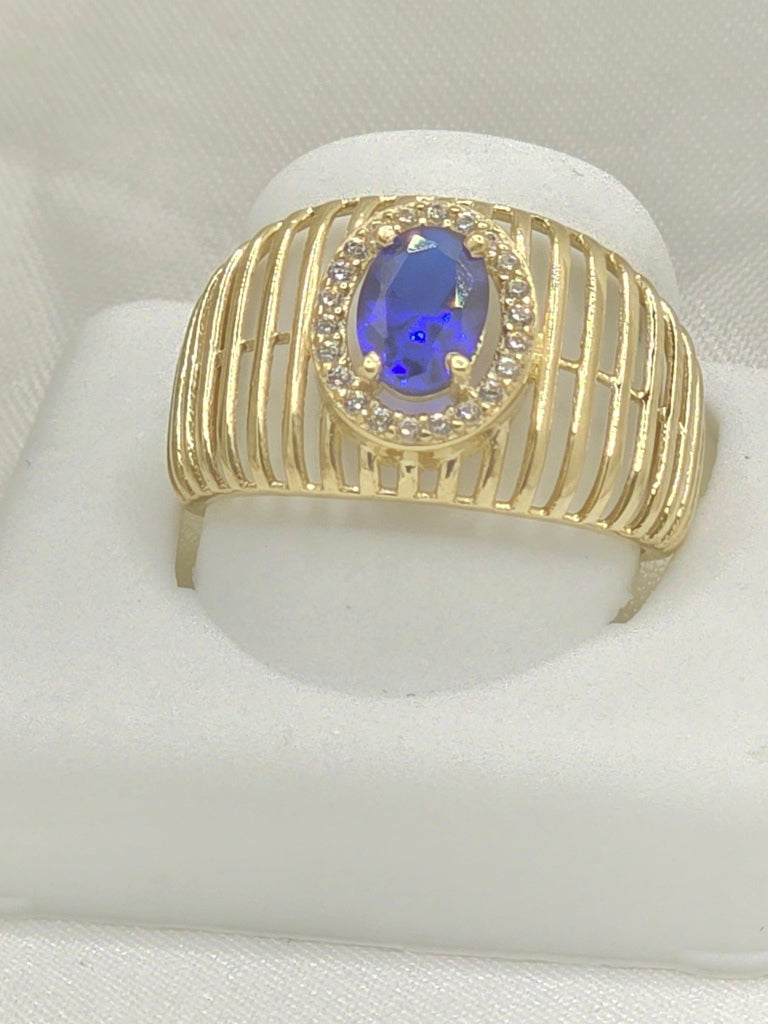 14KT DELICATE BAR DESIGN BACKGROUND STRONG BLUE STONE RING Size 8 Weight 3GR