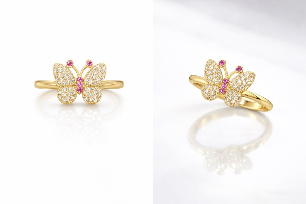 14KT BEAUTIFUL BUTTERFLY RING WITH CZ DETAILS AND PINK COLOR SIZE 7.5 Weight 2.6GR
