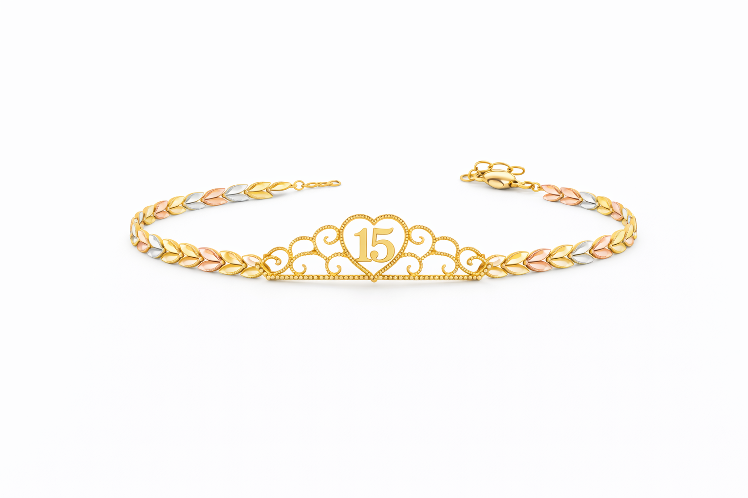 14KT THREE TONE LEAVES DESIGN 15 YEARS BRACELET WTH CROWN Size 7INCH  Weigth 6.7GR