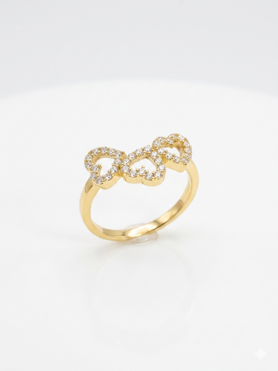 14KT BEAUTIFUL RING WITH THREE HEARTS FULL OF CZ SIZE 7 Weight 1.4GR