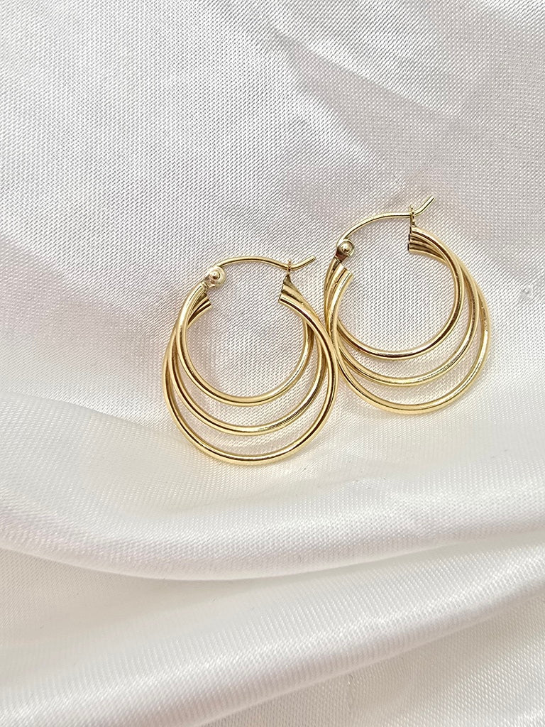 14KT DELICATE THREE IN ONE HOOPS EARRINGS Weight 1.8GR