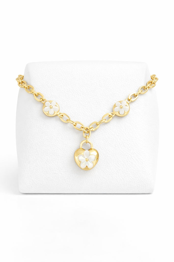 10KT PERL FLOWER AND LOCK HOLLOW ROLO BRACELET Size  Weigth