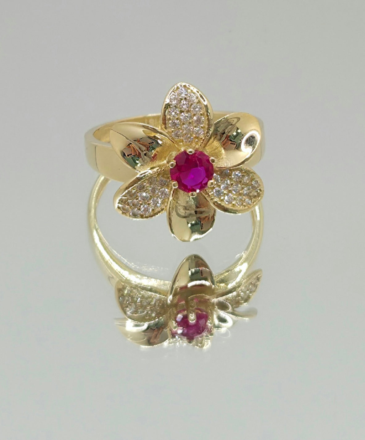 14KT MODERN FLOWER PINK STONE CENTER RING Size 7 Weight 3.2GR