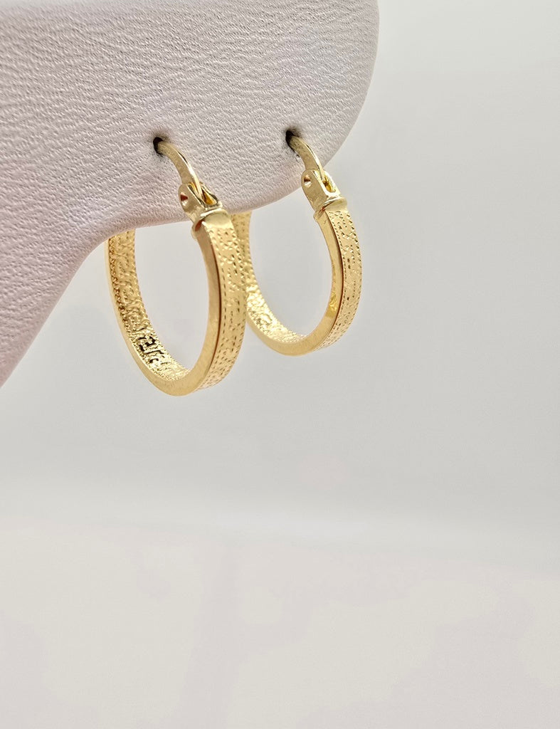 14KT GREEK DESING STRAIGHT EDGE HOOPS EARRINGS Size 2 2.5MM Weight 1.3GR