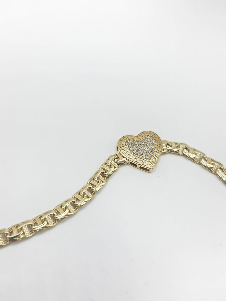 10KT CHINO LINK STYLE GREEK FRAME MEDIUM HEART BRACELET Size 7.5INCH 5MM Weigth 8.5GR