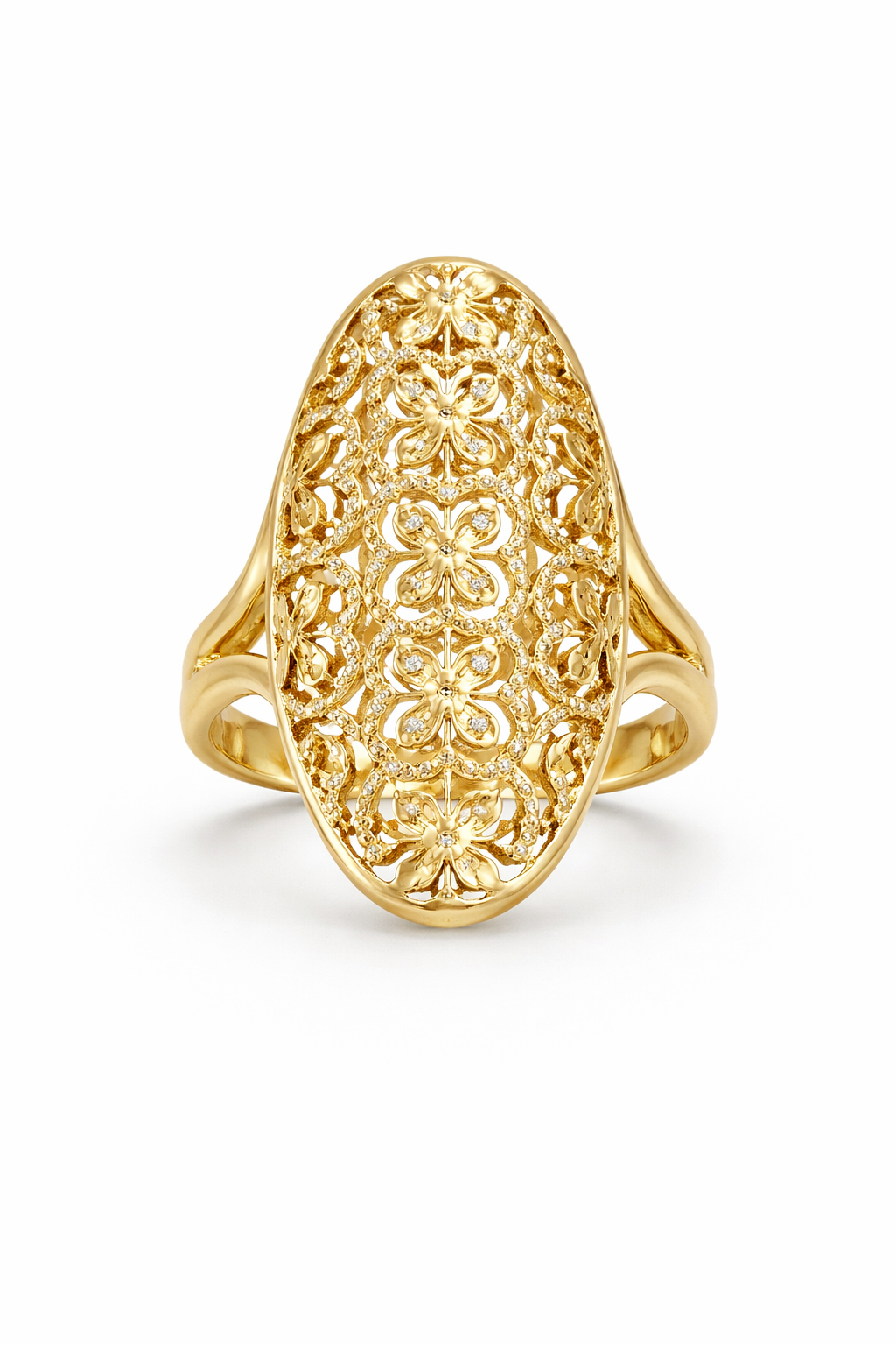 14KT OVAL RING WITH FLOWER AND CZ DETAILS Size 8 Weight 6GR