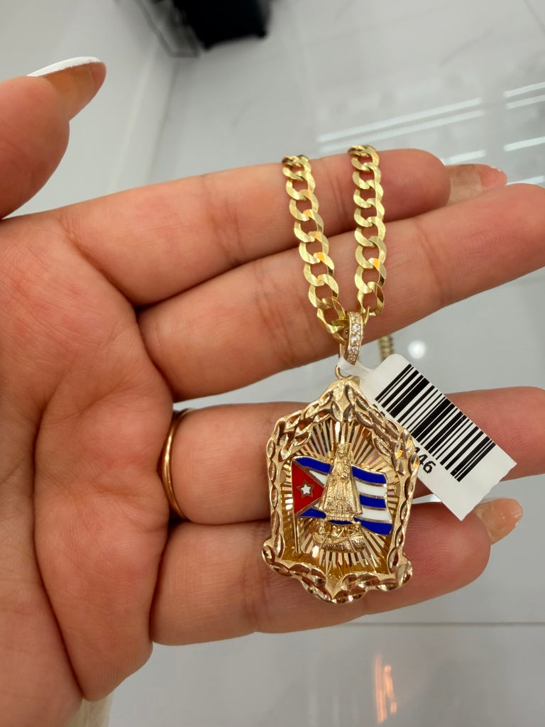 10K Gold Chain + Pendant — Solid 5mm 24-Inch Chain with Large Virgen de la Caridad Pendant