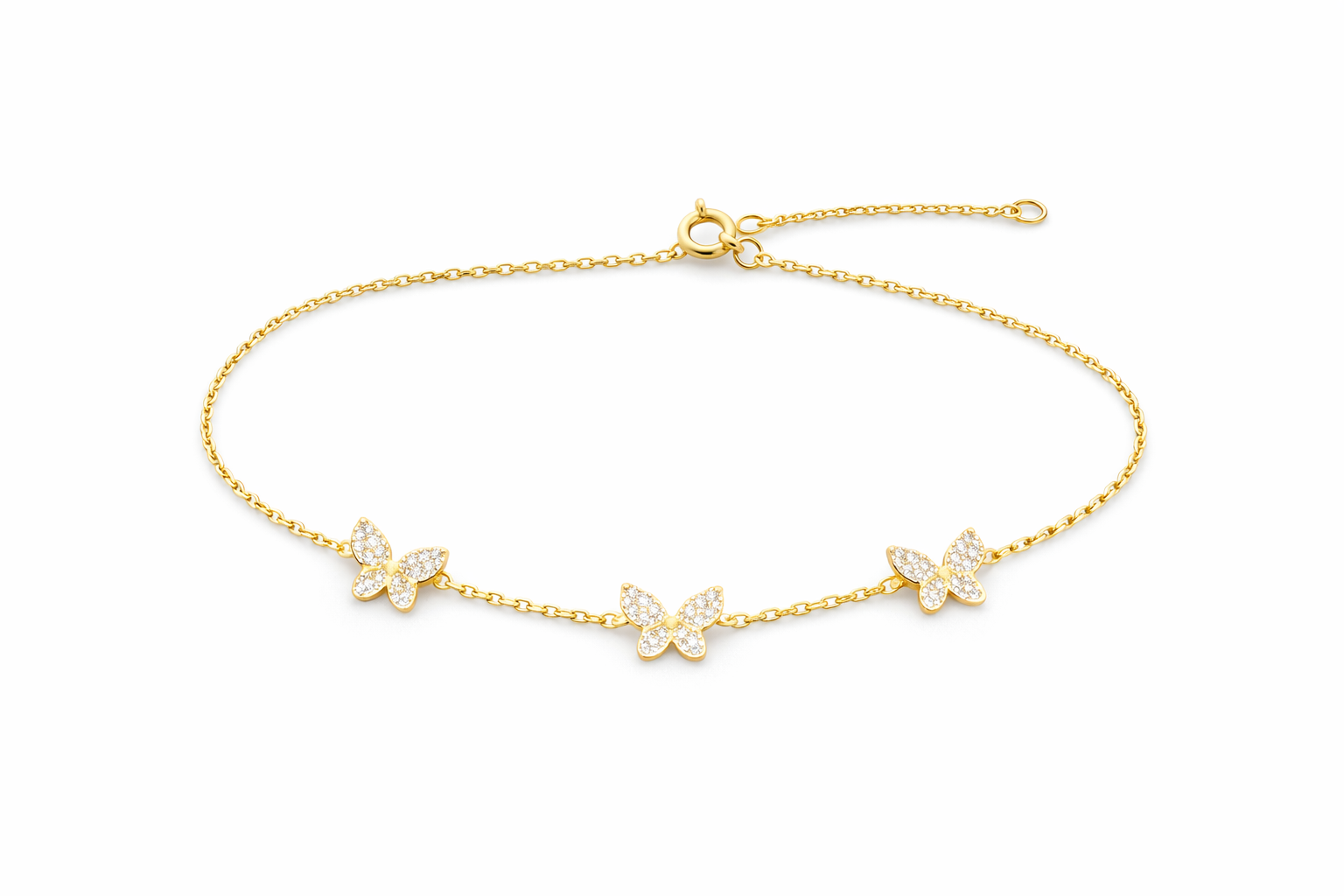 14KT YELLOW GOLD NATURAL DIAMOND 1.13CT 3 BUTTERFLYS BRACELET  18IN 6.32GRS