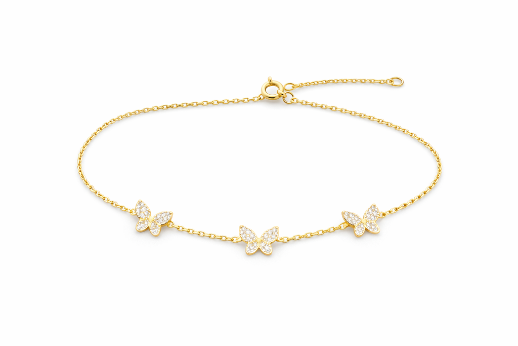 14KT YELLOW GOLD NATURAL DIAMOND 1.13CT 3 BUTTERFLYS BRACELET  18IN 6.32GRS