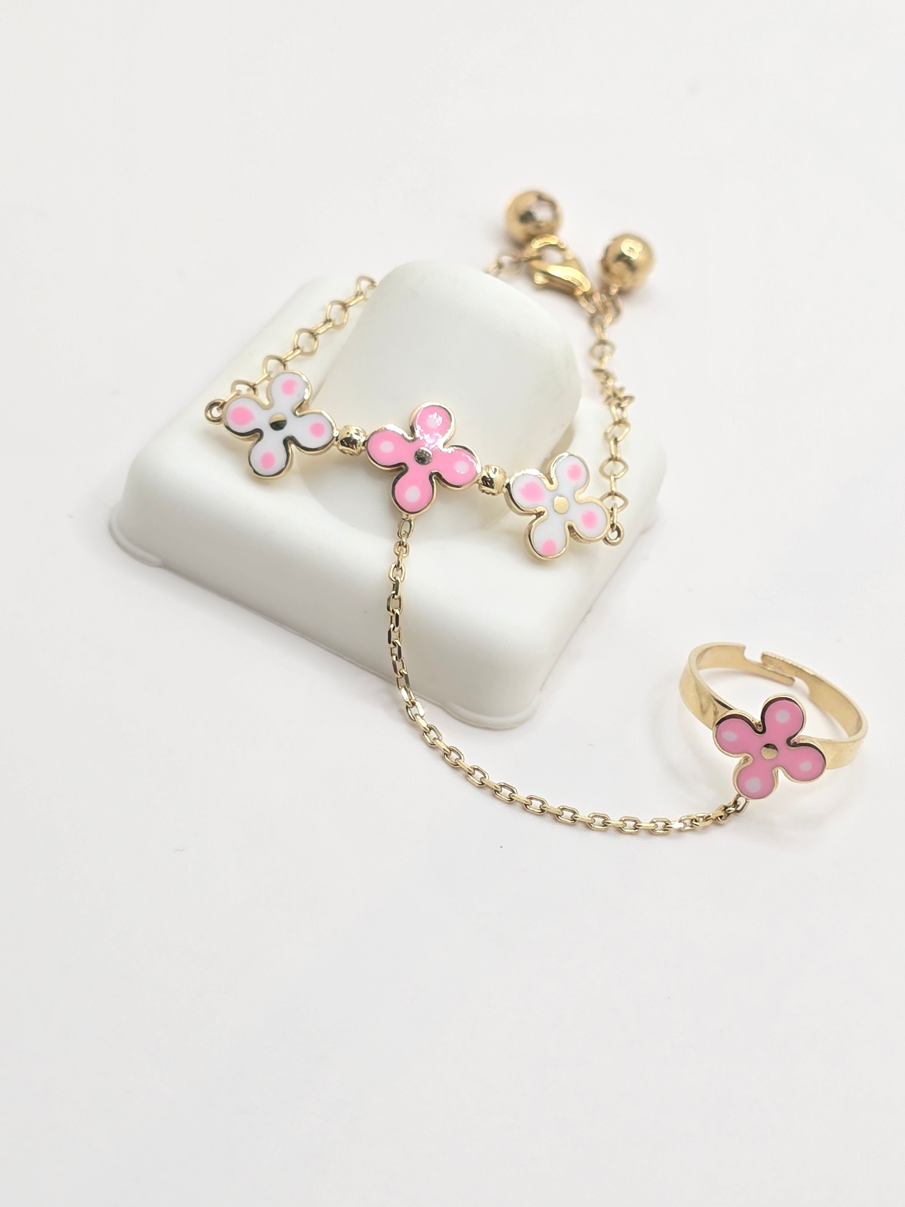 10KT FLOWER BABY BRACELET WITH FLOWER RING Size 5INCH Weight 4.5GR