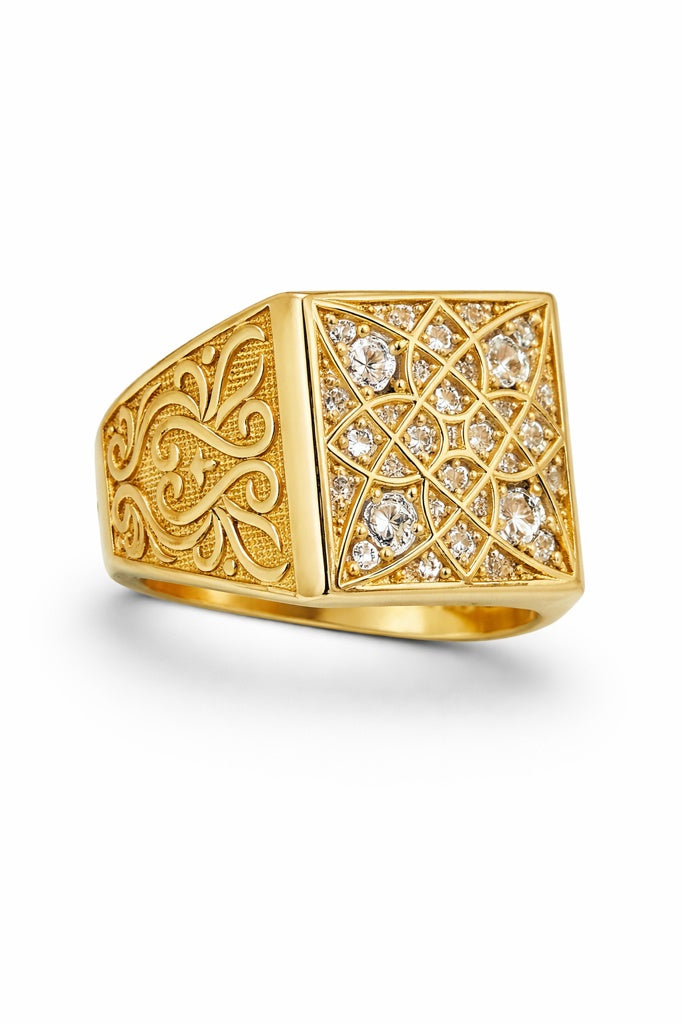 14KT MEDIUM SQUARE ROSETTA MAN'S RING Size 10 Weight 12.3GR