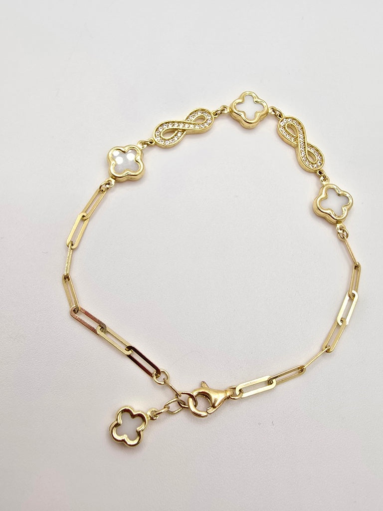 10KT PAPER CLIP BRACELET WITH SMALL INFINITY AND WITHE CLOVER Size 7.5INCH 2MM Weight 4.9GR