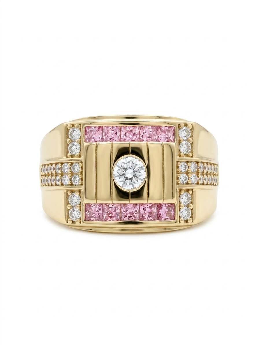 10KT PINK CZ DETAIL SQUARE MEN'S RING Size 10 Weight 4.7GR