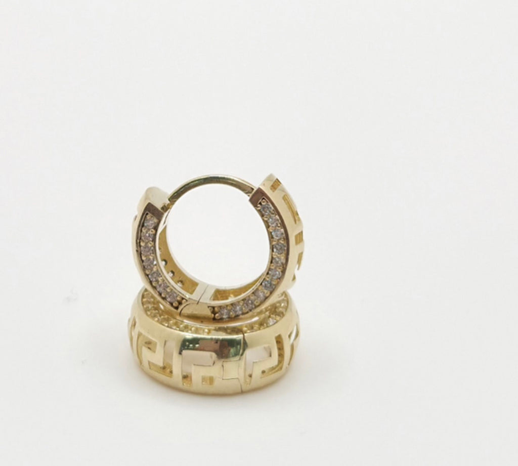10KT TIMELESS GREEK DESING HOOPS EARRINGS CZ Size SMALL Weight 3.0GR