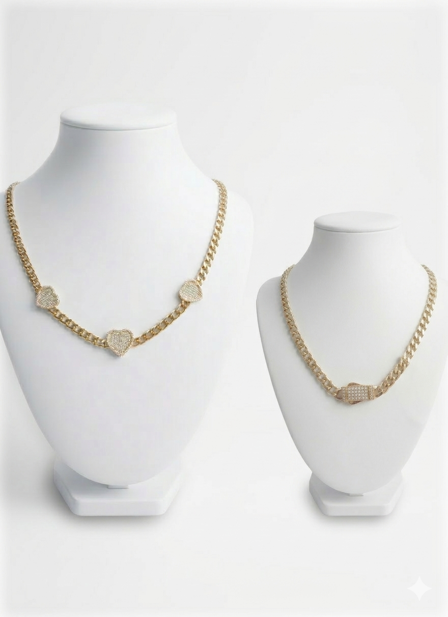 14KT TRHEE CZ SMALL HEARTS MONACO STYLE NECKLACE Size 18INCH 5MM Weigth 13.1GR