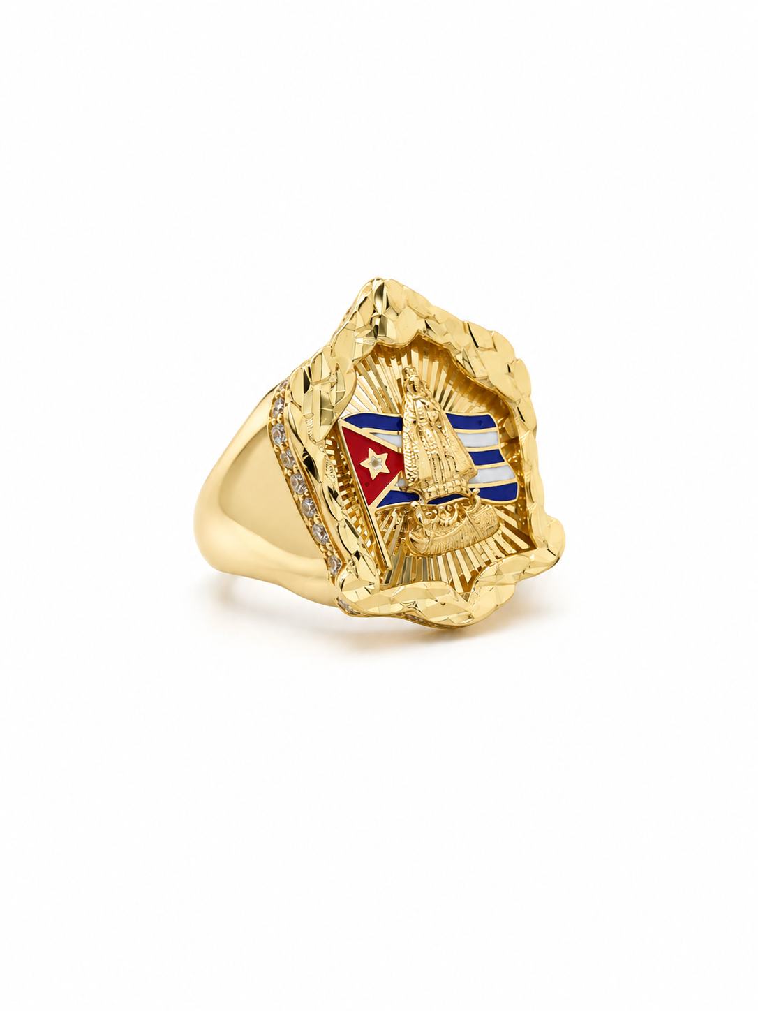 10K CUBAN FLAG BACKGROWN HOUSE STYLE CARIDAD RING Size 8